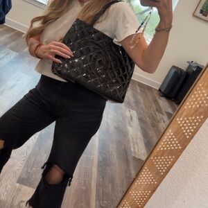 CHANEL Black Patent Quilted Medallion Shoulder Bag